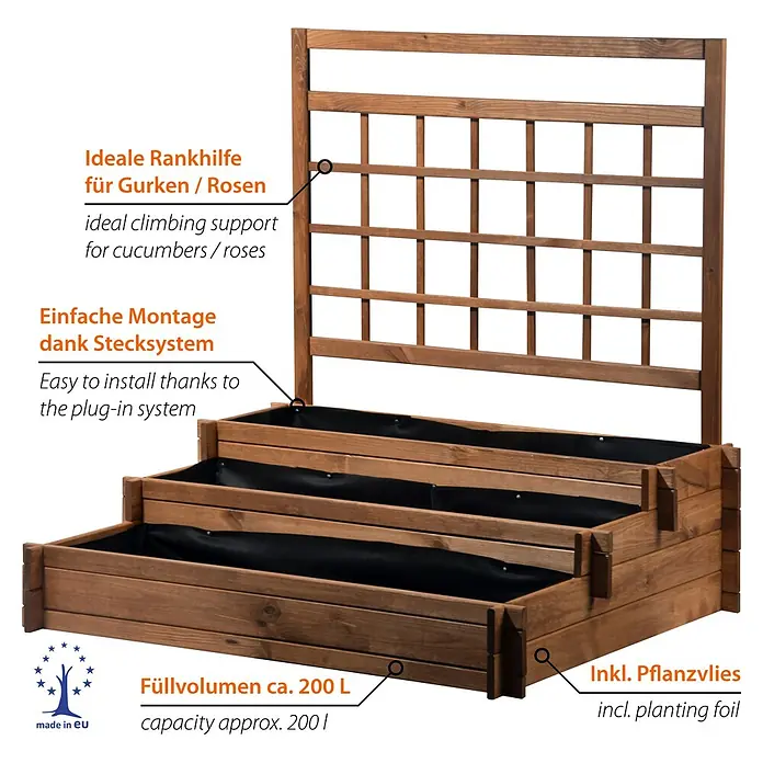 Dobar Hochbeet Peru - 110 x 88 x 115 cm, Holz, Braun - Braunes, gestuftes Hochbeet aus Holz mit integriertem Rankgitter für Kletterpflanzen.