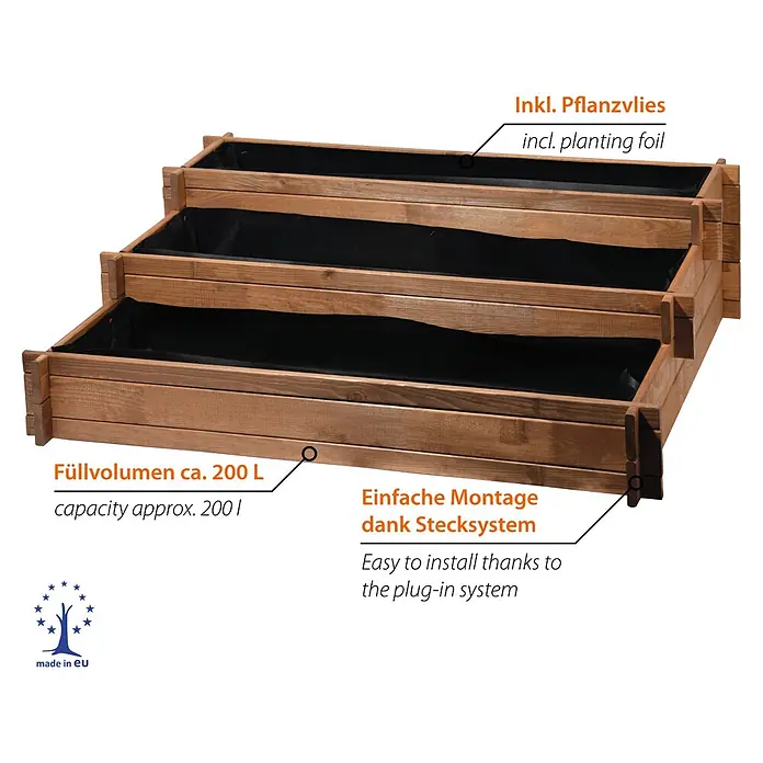 Dobar Hochbeet Peru - 110 x 88 x 36 cm, Holz, Bernstein - Dreistufiges Hochbeet aus braunem Holz mit schwarzer Pflanzfolie, einfaches Stecksystem.