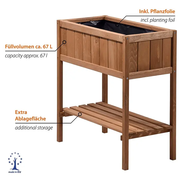 Dobar Hochbeet - 76 x 40 x 80 cm, Holz, Braun - Hölzernes Hochbeet in Hellbraun mit schwarzem Pflanzvlies und Ablagefläche unten.