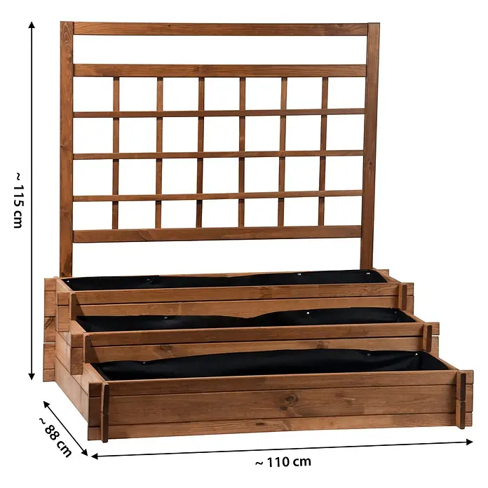 Dobar Hochbeet Peru - 110 x 88 x 115 cm, Holz, Braun - Braunes Holz-Pflanzgefäß mit drei Ebenen und integriertem Spalier, ausgestattet mit schwarzen Stoffeinlagen in den Pflanzkästen.