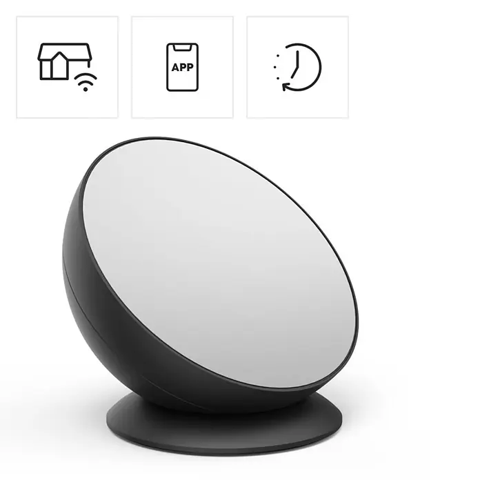 Hama Deko-Tischleuchte RGBW - Schwarz - Schwarzes Smart-Gerät mit weißem Display auf Basis. Symbole zeigen Smart Home, App-Steuerung und Terminplanungsfunktionen.
