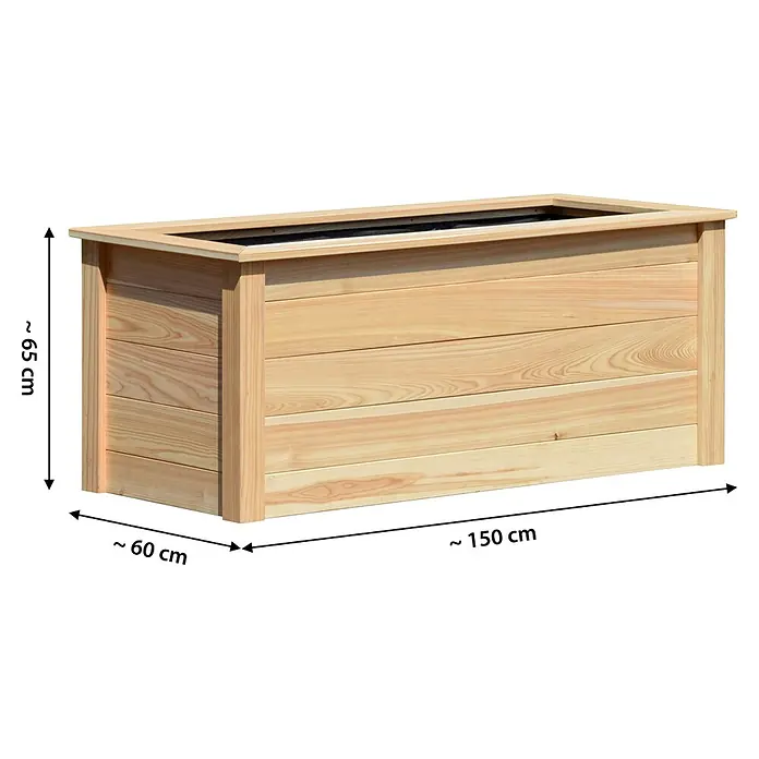 Dobar Hochbeet - 150 x 60 x 65 cm, Holz, Natur - Großer hölzerner Blumenkübel mit schwarzer Folie, ca. 150x60x65 cm.
