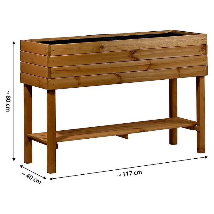 Dobar Hochbeet - L x B x H: 117 x 40 x 80 cm, Holz, Braun - Erhöhtes Holz-Hochbeet aus naturfarbenem Holz mit einem unteren Ablageboden.
