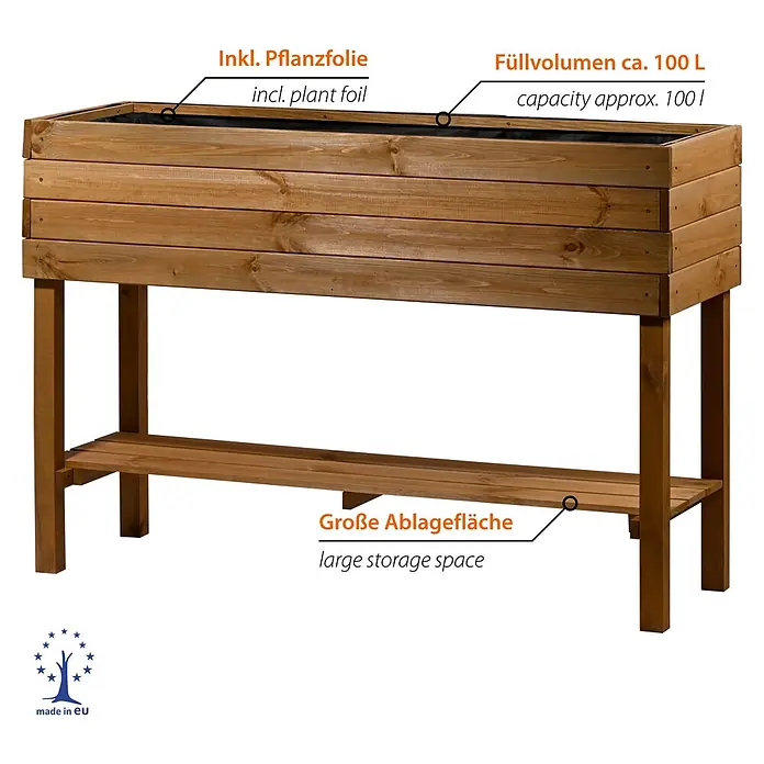 Dobar Hochbeet - L x B x H: 117 x 40 x 80 cm, Holz, Braun - Holz-Hochbeet mit Ablagefläche, inklusive Pflanzfolie. Fassungsvermögen ca. 100 L.