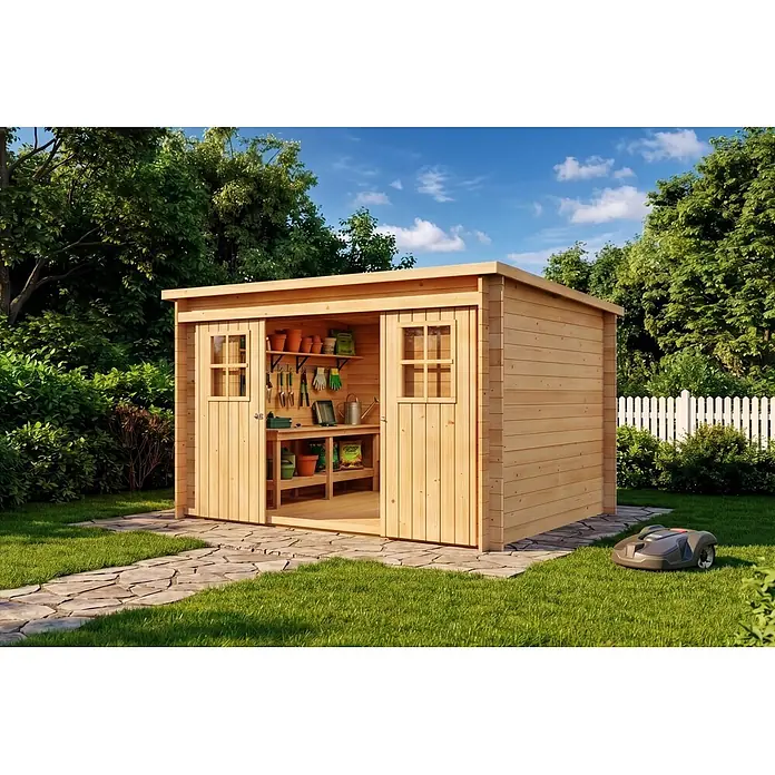 Alpholz Gerätehaus Vera - Außenbreite inkl. Dachüberstand: 325 cm, Außentiefe inkl. Dachüberstand: 235 cm, Holz, Naturbelassen - Gartenhaus aus Naturholz mit offenen Doppeltüren, die Regale mit Gartengeräten und Töpfen zeigen, auf einem Steinweg im grünen Garten.