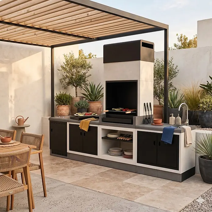 Tuozi Kitaway Outdoorküchen-Modul - Grau/Weiß, B x T x H: 84 x 63 x 85 cm - Moderne Outdoor-Küche mit integriertem Grill, Spüle und Stauschränken unter einer Holzpergola, auf einer Terrasse für Mahlzeiten im Freien.