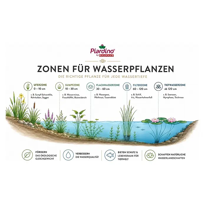 Piardino Günsel - Ajuga reptans Burgundy Glow, Topfgröße: 11 cm - Diagramm der fünf Zonen für Wasserpflanzen im Teich, mit passenden Tiefen, Pflanzenbeispielen und ökologischen Vorteilen.