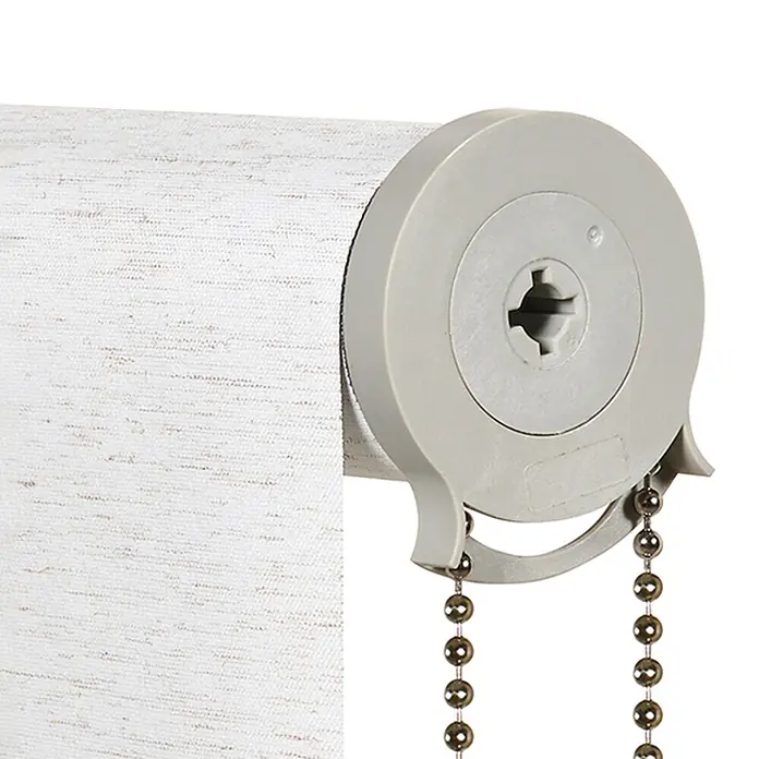 Estor enrollable opaco Scandi - An x Al: 140 x 250 cm, Lino - Tejido blanco texturizado de estor enrollable con mecanismo gris y cadena de bolas.