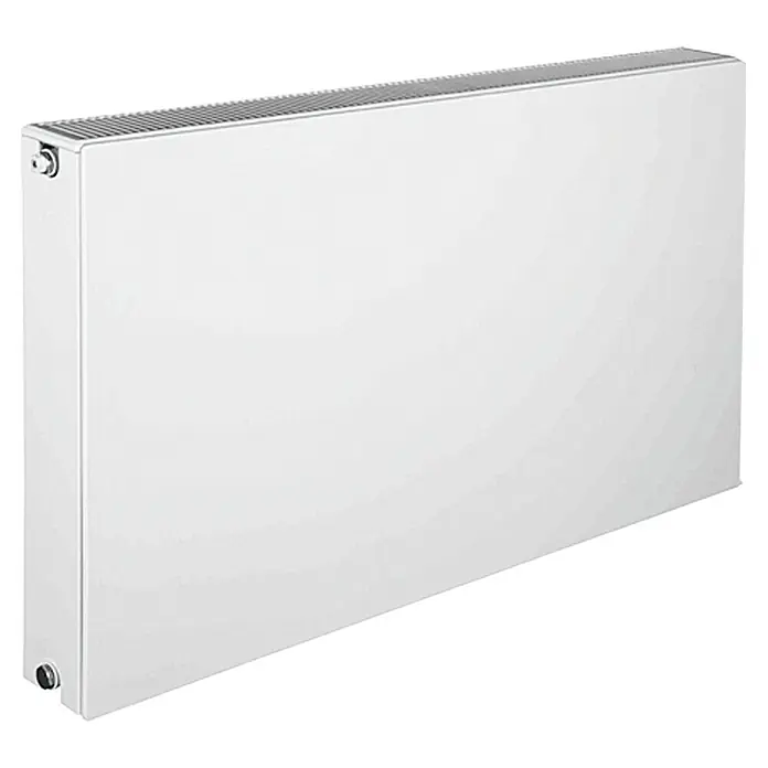 Planheizkörper - B x H: 1.400 x 600 mm, Wärmeleistung bei Vorlauftemperatur von 75 °C (D: 50): 2.299 W, Typ Heizkörper: 22 - Ein moderner, weißer Heizkörper mit glatter Oberfläche und horizontalen Lamellen oben für eine effiziente Wärmeabgabe.