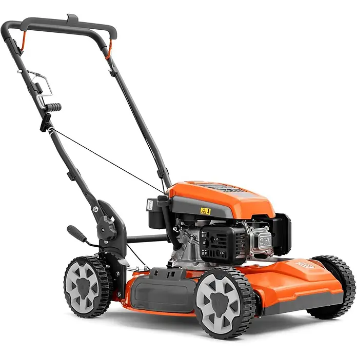 Husqvarna Benzin-Rasenmäher LB251S - 2.700 W, 166 cm³, Schnittbreite: 510 mm - Orange-grauer Benzin-Rasenmäher mit Führungsholm und Rädern.