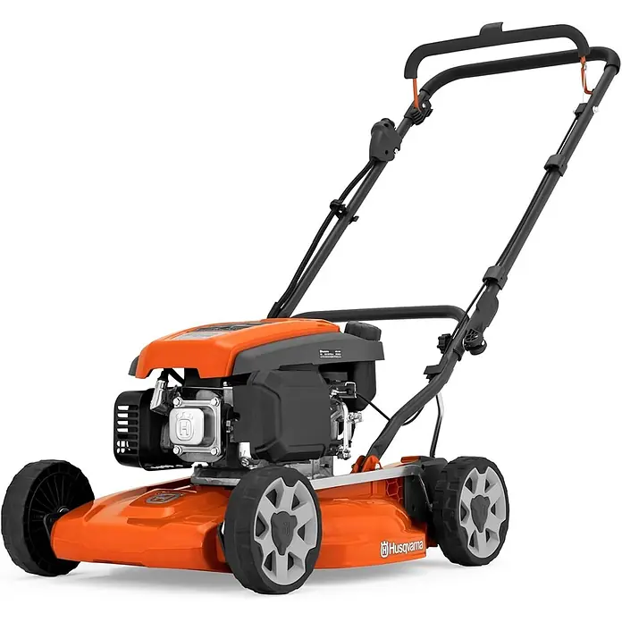 Husqvarna Benzin-Rasenmäher LB244E - 2.200 W, 139 cm³, Schnittbreite: 440 mm - Orange-schwarzer benzinbetriebener Schiebemäher mit ergonomischem Griff.