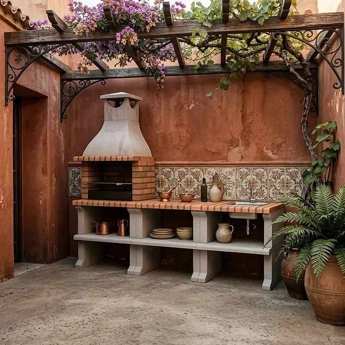 Movelar Ragusa Holzkohlegrill - Grillfläche (B x T): 59,5 x 35 cm, Grau - Außenküche aus Ziegel und Beton mit Grill, Spüle und Ablagen auf einer mediterranen Terrasse.