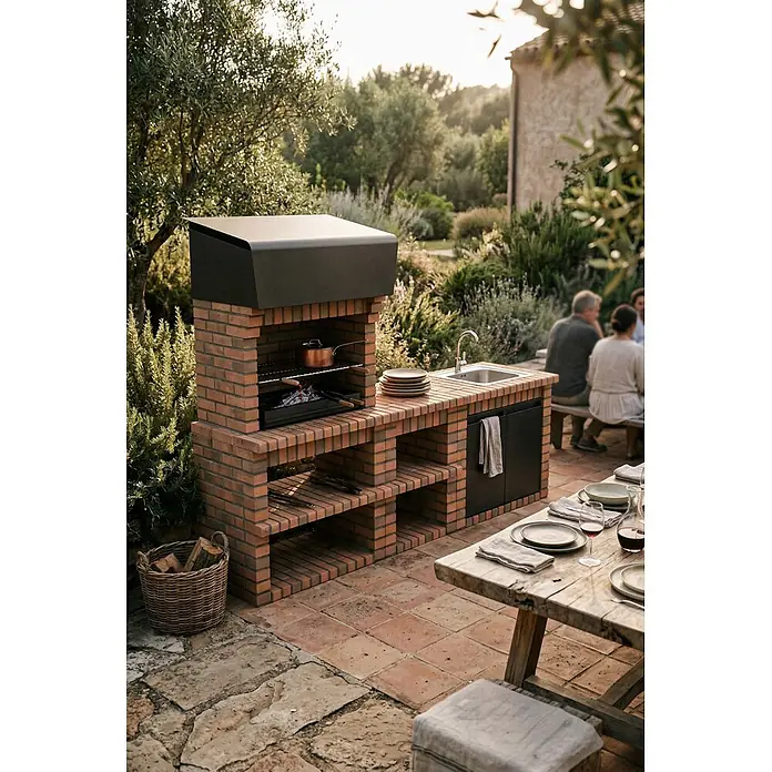 Movelar Volterra Holzkohlegrill - Grillfläche (B x T): 76,5 x 44 cm, Braun - Ziegel-Außenküche mit schwarzer Metallhaube, integriertem Grill und Spüle, für Kochen und Waschen auf einer Terrasse.