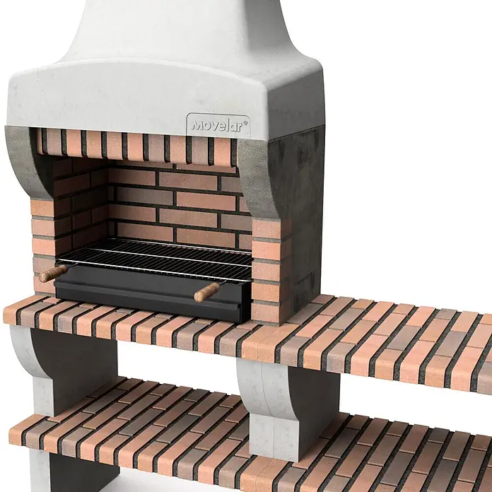 Movelar Palermo Holzkohlegrill - Grillfläche (B x T): 69,5 x 35 cm, Grau - Ziegel- und Beton-Außengrill mit schwarzem Metallrost und Aschebehälter, mit Holzgriffen.