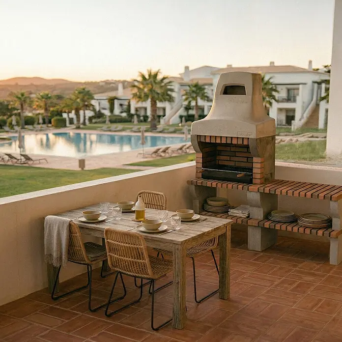 Movelar Palermo Holzkohlegrill - Grillfläche (B x T): 69,5 x 35 cm, Grau - Gartenessgruppe mit rustikalem Holztisch und Rattanstühlen, mit Geschirr gedeckt, neben einem Ziegelgrill auf einer Terrasse.