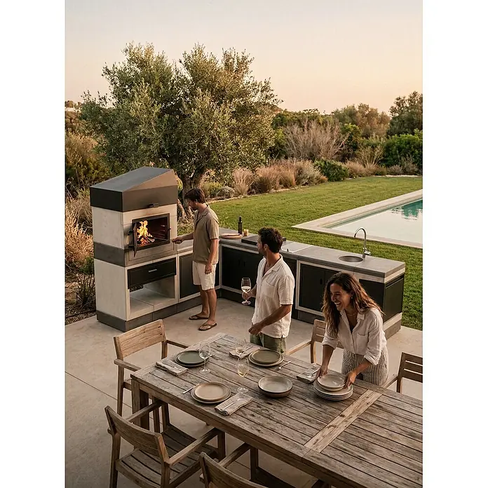 Tuozi Kitaway Outdoorküchen-Modul Backofen - Grau/Weiß, B x T x H: 84 x 63 x 206 cm - Graue Beton-Außenküche mit Holzofen und integrierter Spüle, von Personen zum Kochen und Essen im Freien genutzt.