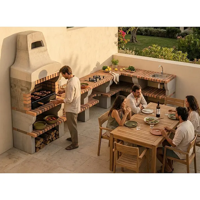 Movelar Palermo Holzkohlegrill - Grillfläche (B x T): 69,5 x 35 cm, Grau - Outdoor-Grillküche aus Beton und Ziegeln, mit grillendem Mann und essenden Personen.