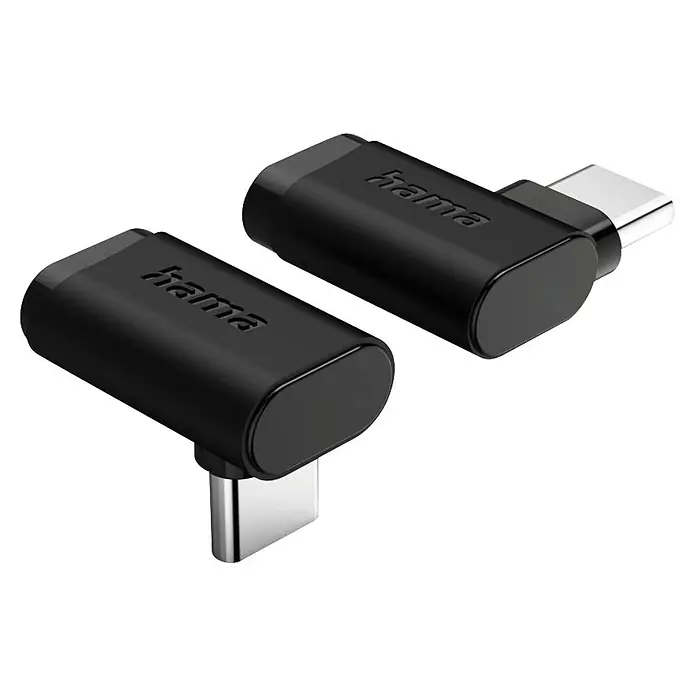 Hama USB-Adapter 1x USB-C Buchse - 1x USB-C Stecker 90° nach links gewinkelt - Schwarz - Zwei schwarze Hama USB-C Winkeladapter mit silbernen Anschlüssen.