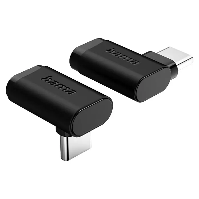 Hama USB-Adapter 1x USB-C Buchse - 1x USB-C Stecker 90° nach links gewinkelt - Schwarz - Zwei schwarze Hama USB-C Winkeladapter mit Metallanschlüssen.