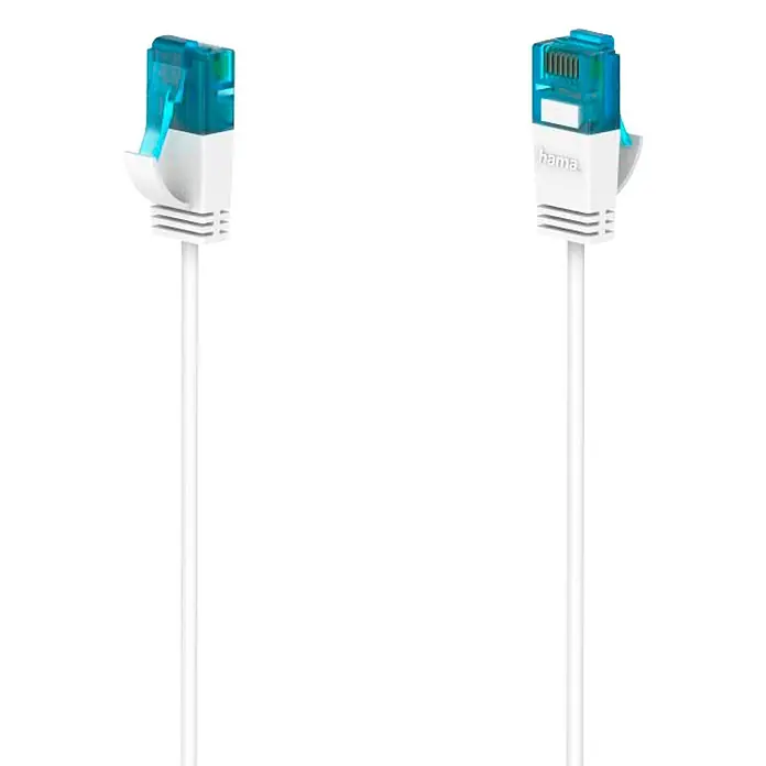Hama Netzkabel 00200690 "Flexi-Slim" CAT-6a 10 Gbit/s U/UTP - Weiß, Länge: 3 m - Weißes Ethernet-Kabel mit blauen, transparenten RJ45-Steckern, einer davon mit 'hama'-Logo.