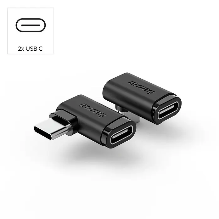 Hama USB-Adapter 1x USB-C Buchse - 1x USB-C Stecker 90° nach links gewinkelt - Schwarz - Zwei schwarze 90-Grad-USB-C-Adapter mit Hama-Logo, je mit Stecker- und Buchsenanschluss.