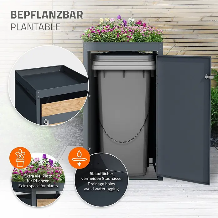 ML-Design Mülltonnenbox Mülltonnencontainer mit Klappdeckel/Tür für 1 Tonne 120 oder 240 Liter - Stahl, Anthrazit, Hellbraun, Geeignet für Anzahl Mülltonnen: 1 Stk. - Dunkelgrauer Outdoor-Schrank aus Metall mit Pflanzkasten oben, einem Mülleimer und seitlicher Tür.