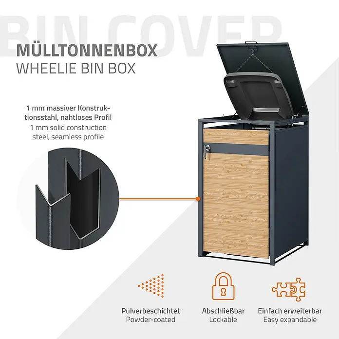 ML-Design Mülltonnenbox Mülltonnencontainer mit Klappdeckel/Tür für 1 Tonne 120 oder 240 Liter - Stahl, Anthrazit, Hellbraun, Geeignet für Anzahl Mülltonnen: 1 Stk. - Dunkelgraue Mülltonnenbox aus Stahl mit Holzoptikfront, offener Deckel zeigt Abfallbehälter. Abschließbar, erweiterbar, aus 1 mm massivem Stahl.