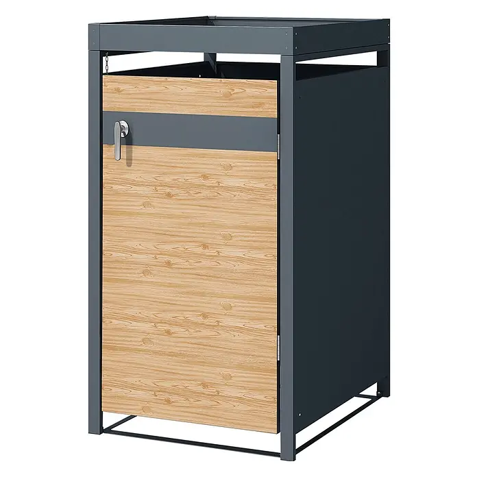 ML-Design Mülltonnenbox Mülltonnencontainer mit Klappdeckel/Tür für 1 Tonne 120 oder 240 Liter - Stahl, Anthrazit, Hellbraun, Geeignet für Anzahl Mülltonnen: 1 Stk. - Dunkelgraue Mülltonnenbox aus Metall mit einer Tür in heller Holzoptik und silbernem Griff.