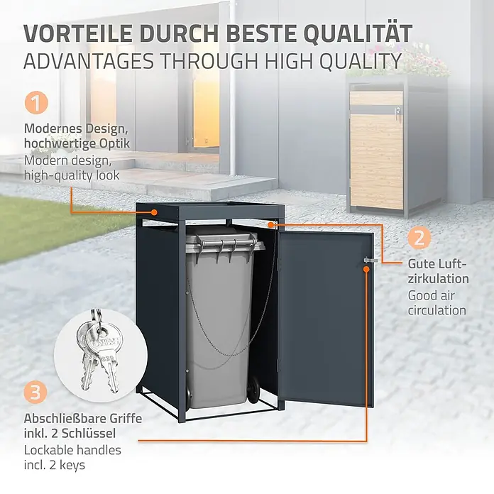 ML-Design Mülltonnenbox Mülltonnencontainer mit Klappdeckel/Tür für 1 Tonne 120 oder 240 Liter - Stahl, Anthrazit, Hellbraun, Geeignet für Anzahl Mülltonnen: 1 Stk. - Anthrazitfarbene Mülltonnenbox mit offener Tür, graue Mülltonne sichtbar, inklusive Schlüssel für abschließbare Griffe.