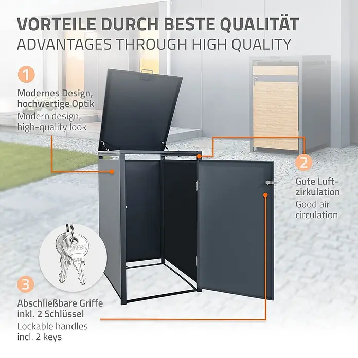 ML-Design Mülltonnenbox Mülltonnencontainer mit Klappdeckel/Tür für 1 Tonne 120 oder 240 Liter - Stahl, Anthrazit, Hellbraun, Geeignet für Anzahl Mülltonnen: 1 Stk. - Dunkelgraue Metall-Außenbox mit modernem Design, aufklappbarem Deckel, abschließbaren Türen und Belüftung, offen gezeigt mit Schlüsseln.