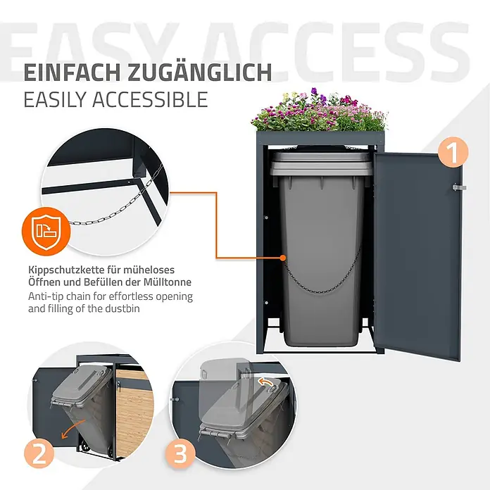ML-Design Mülltonnenbox Mülltonnencontainer mit Klappdeckel/Tür für 1 Tonne 120 oder 240 Liter - Stahl, Anthrazit, Hellbraun, Geeignet für Anzahl Mülltonnen: 1 Stk. - Dunkelgraue Mülltonnenbox mit Pflanzkasten und Kippschutzkette für einfaches Befüllen und Entleeren der Mülltonne.