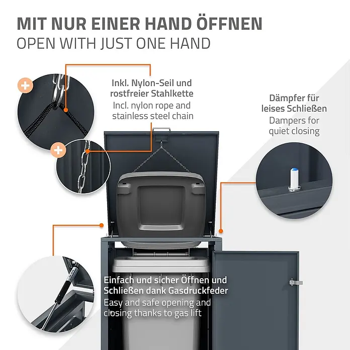 ML-Design Mülltonnenbox Mülltonnencontainer mit Klappdeckel/Tür für 1 Tonne 120 oder 240 Liter - Stahl, Anthrazit, Hellbraun, Geeignet für Anzahl Mülltonnen: 1 Stk. - Dunkelgrauer Mülltonnen-Schrank mit geöffnetem Deckel und Innenbehälter. Mit Gasdruckfeder für leichtes Öffnen und leisen Dämpfern.