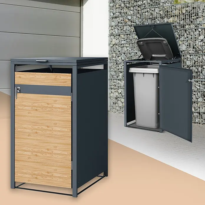 ML-Design Mülltonnenbox Mülltonnencontainer mit Klappdeckel/Tür für 1 Tonne 120 oder 240 Liter - Stahl, Anthrazit, Hellbraun, Geeignet für Anzahl Mülltonnen: 1 Stk. - Dunkelgraue Mülltonnenbox, eine mit Holzoptiktür, eine offene mit weißer Mülltonne darin.