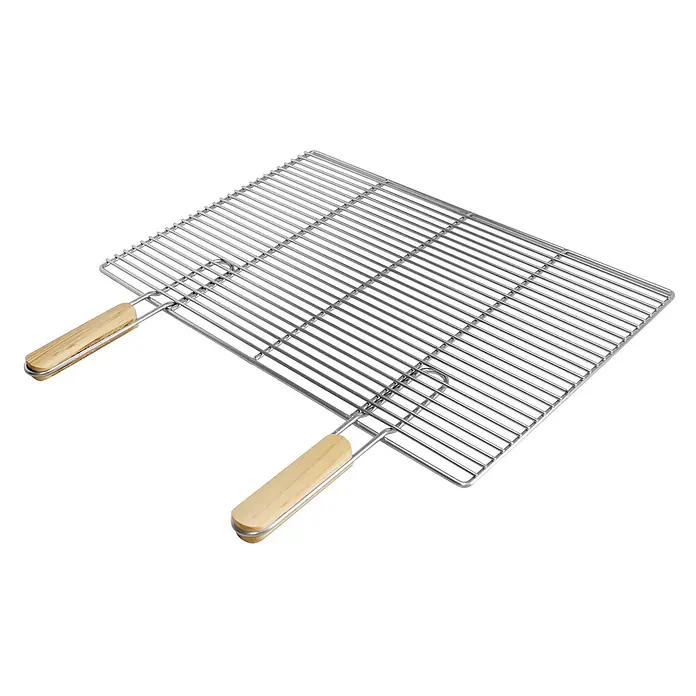 ECD Germany Grillrost Grillplatte 60x40cm Rechteckig für Gasgrill Holzkohlegrill Feuerstelle -  - Silbernes Grillrost aus Metall mit zwei hellen Holzgriffen, zum Grillen.