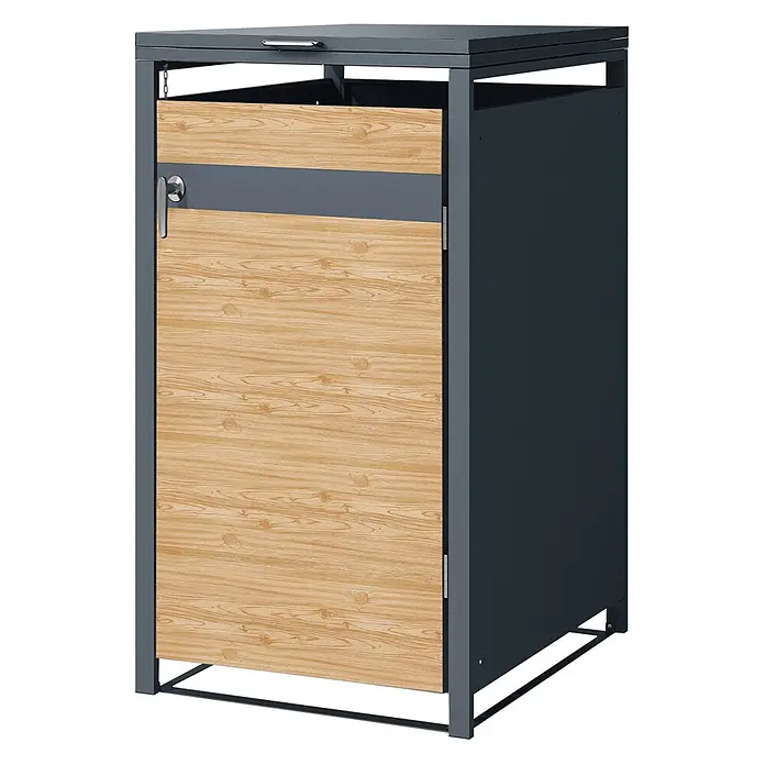 ML-Design Mülltonnenbox Mülltonnencontainer mit Klappdeckel/Tür für 1 Tonne 120 oder 240 Liter - Stahl, Anthrazit, Hellbraun, Geeignet für Anzahl Mülltonnen: 1 Stk. - Mülltonnenbox aus dunkelgrauem Metall mit Holzoptik-Tür.