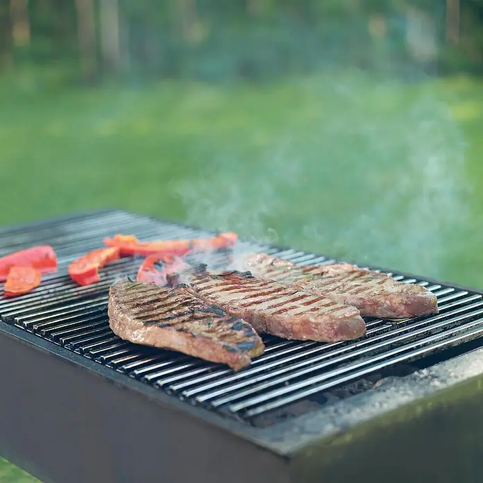 ECD Germany Grillrost Grillplatte 60x40cm Rechteckig für Gasgrill Holzkohlegrill Feuerstelle -  - Metallgrill mit brutzelnden Steaks und roten Paprika, die im Freien kochen und Rauch erzeugen.