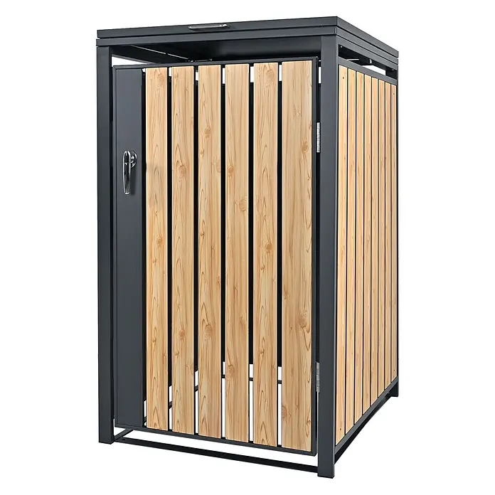 ML-Design Mülltonnenbox Mülltonnencontainer mit Klappdeckel/Tür für 1 Tonne 120 oder 240 Liter - Stahl, Anthrazit, Hellbraun, Geeignet für Anzahl Mülltonnen: 1 Stk. - Mülltonnenbox aus dunkelgrauem Metall mit hellen Holzlamellen und aufklappbarem Deckel.