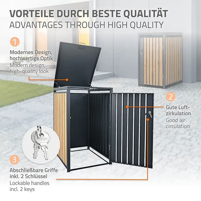ML-Design Mülltonnenbox Mülltonnencontainer mit Klappdeckel/Tür für 1 Tonne 120 oder 240 Liter - Stahl, Anthrazit, Hellbraun, Geeignet für Anzahl Mülltonnen: 1 Stk. - Abfallbehälter-Aufbewahrungseinheit aus schwarzem Metall und hellen Holz-Paneelen, mit guter Belüftung und abschließbaren Türen. Modernes Design.