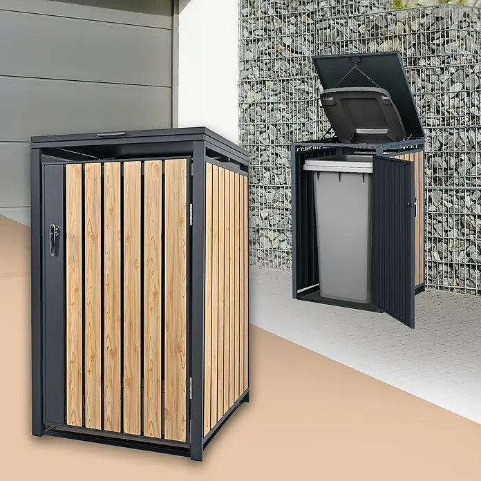 ML-Design Mülltonnenbox Mülltonnencontainer mit Klappdeckel/Tür für 1 Tonne 120 oder 240 Liter - Stahl, Anthrazit, Hellbraun, Geeignet für Anzahl Mülltonnen: 1 Stk. - Dunkles Metall und helles Holz Mülltonnenbox, geschlossen und offen mit Mülltonne gezeigt.