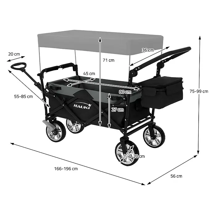 Hauki Bollerwagen Handwagen Transportwagen faltbar klappbar mit Bremse Dach und Tasche - L x B x H: 196 x 56 x 99 cm - Schwarz-grauer Faltbollerwagen mit Verdeck, verstellbarem Griff und Rädern, für Transport und Nutzung.