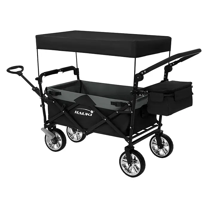 Hauki Bollerwagen Handwagen Transportwagen faltbar klappbar mit Bremse Dach und Tasche - L x B x H: 196 x 56 x 99 cm - Schwarzer und grauer Faltbollerwagen mit Sonnendach, Zugstange vorne, Schiebegriff hinten und Aufbewahrungstasche.