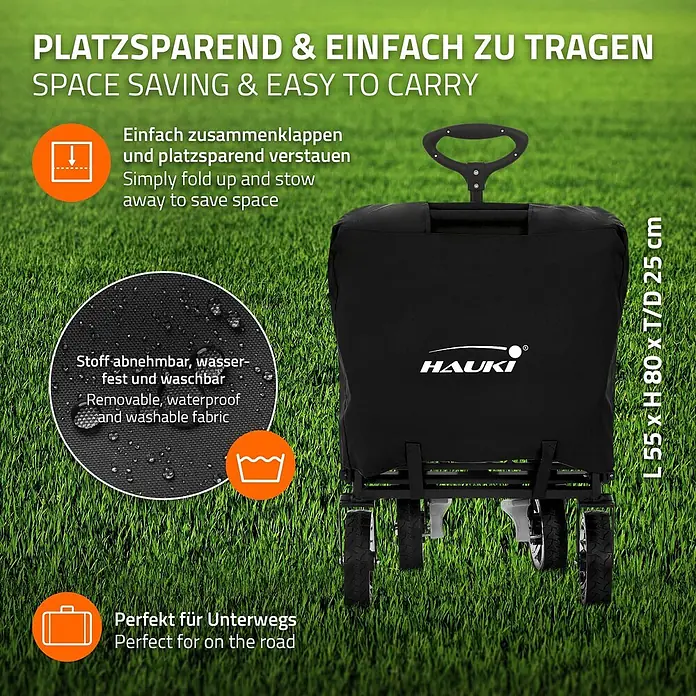Hauki Bollerwagen Handwagen Transportwagen faltbar klappbar mit Bremse Dach und Tasche - L x B x H: 196 x 56 x 99 cm - Schwarzer, zusammengeklappter HAUKI Bollerwagen, kompakt und platzsparend. Maße: L 55 x H 80 x T 25 cm.