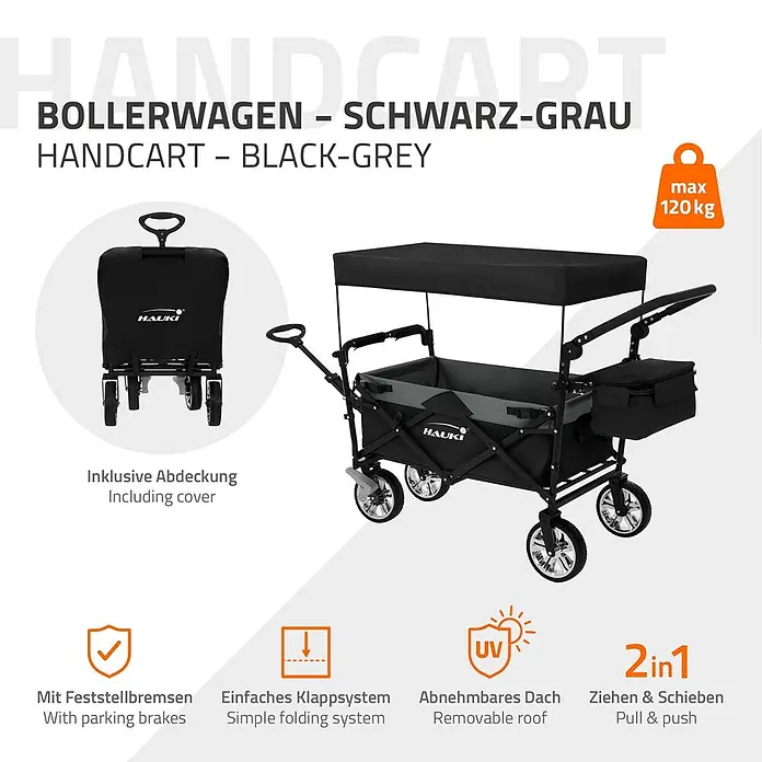 Hauki Bollerwagen Handwagen Transportwagen faltbar klappbar mit Bremse Dach und Tasche - L x B x H: 196 x 56 x 99 cm - Schwarzer Bollerwagen mit abnehmbarem Dach, Faltfunktion und Abdeckung. Mit Feststellbremsen und 120 kg Traglast.