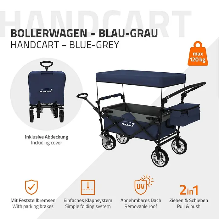 Hauki Bollerwagen Handwagen Transportwagen faltbar klappbar mit Bremse Dach und Tasche - L x B x H: 196 x 56 x 99 cm - Blau-grauer Bollerwagen mit abnehmbarem UV-Schutzdach, Feststellbremsen, Klappfunktion und Zug-/Schiebegriff, max. 120kg.