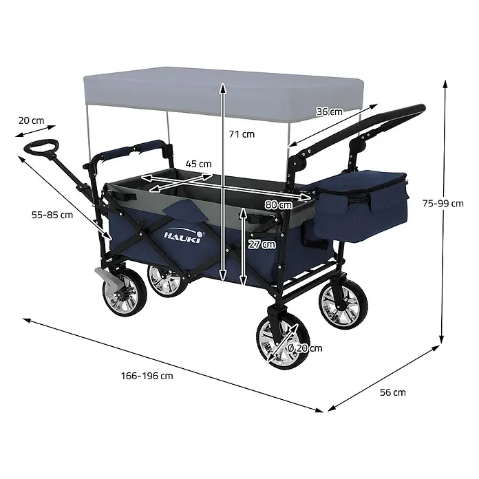 Hauki Bollerwagen Handwagen Transportwagen faltbar klappbar mit Bremse Dach und Tasche - L x B x H: 196 x 56 x 99 cm - Blauer und grauer Faltbollerwagen mit Verdeck, Maße markiert. Mit Zieh- und Schiebegriffen sowie einer Kühltasche.