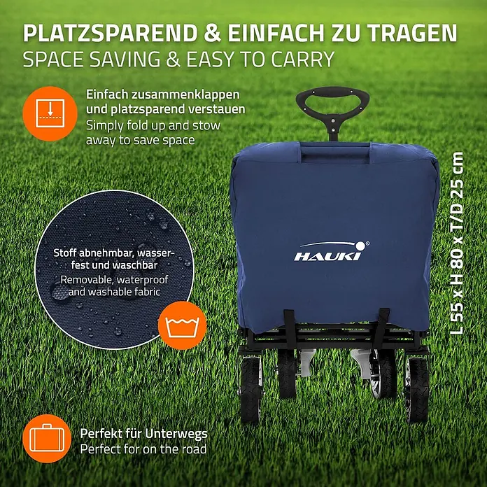Hauki Bollerwagen Handwagen Transportwagen faltbar klappbar mit Bremse Dach und Tasche - L x B x H: 196 x 56 x 99 cm - Blauer, zusammengeklappter Faltbollerwagen. Er ist platzsparend (55x80x25 cm), tragbar und hat abnehmbaren, wasserfesten Stoff.