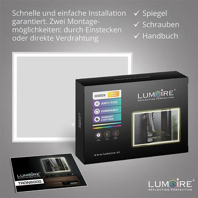 Lumoire Lichtspiegel TRON -  - Lumioire 60x80cm LED-Spiegel mit Antibeschlag, dimmbar, Ambientebeleuchtung, Verpackung und Broschüre.
