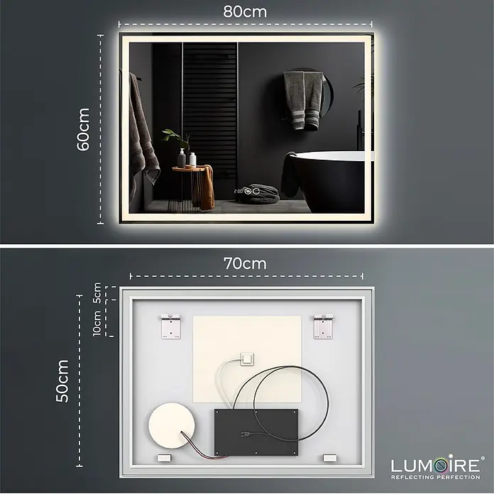 Lumoire Lichtspiegel TRON -  - Rechteckiger beleuchteter Spiegel (80x60cm) im Bad und Rückansicht (70x50cm Rahmen) mit Verkabelung und Montage.
