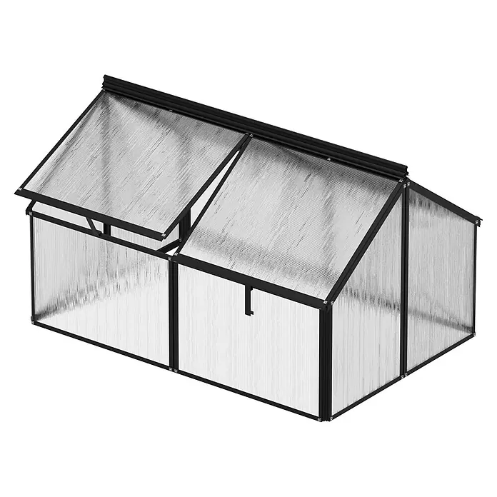 Vitavia Frühbeet Gaia Jumbo - L x B x H: 119,3 x 83,1 x 71,9 cm, Schwarz, Polycarbonat - Kleines Gewächshaus mit schwarzem Rahmen und klaren, gerippten Platten. Zwei Dachplatten sind zur Belüftung geöffnet.