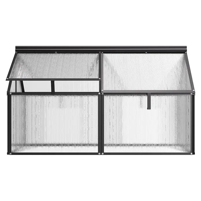 Vitavia Frühbeet Gaia Jumbo - L x B x H: 119,3 x 83,1 x 71,9 cm, Schwarz, Polycarbonat - Schwarz gerahmtes Mini-Gewächshaus mit transparenten Wellplatten, ein Dachbereich offen.